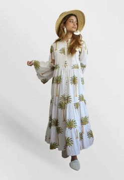 Bombay Sunset Long Sleeve Palm - Maxi-Jurk - White