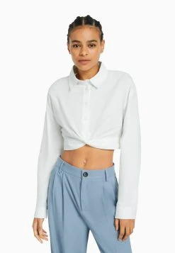 BERSHKA Crossover Detail Long Sleeve - Overhemdblouse - Off White