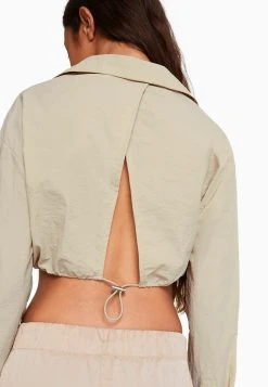 BERSHKA Long Sleeve And Gathered Detail At The Front With Stopper- Blouse - Stone -dress shop 9362dd2f8c1c49668597278c59f1b426