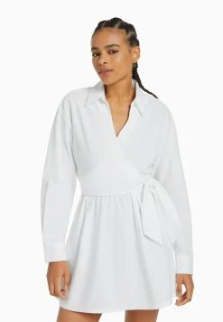 BERSHKA Crossover Detail- Mini Long Sleeve- Blousejurk - Off White