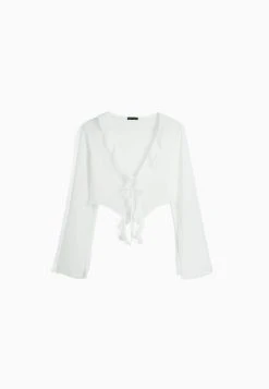 BERSHKA Ruffled Long Sleeve - Blouse - White -dress shop 97f3c568da2d49cdbb41c1c7b50fc5e5