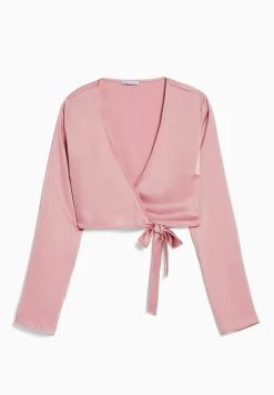 BERSHKA Long Sleeve Finish Crossover - Blouse - Pink -dress shop 98058f08454a41e0b3bbef773ed03f20
