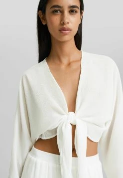 BERSHKA Long Sleeve Knotted- Blouse - White -dress shop 9aa2b04b6f5e424e8ca4a9be72e529c9