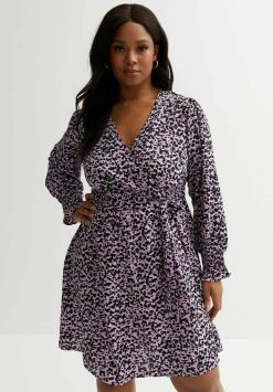 New Look Curves Curves Purple Leopard Print V Neck Long Puff Sleeve- Jerseyjurk - Purple