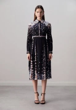 Erdem Belted Long Sleeve Midi Shirt Dress - Blousejurk - Black/Multi