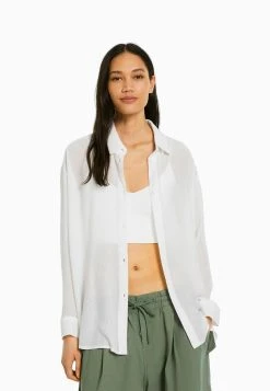 BERSHKA Long Sleeve - Overhemdblouse - White