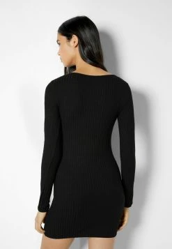 BERSHKA Long Sleeve - Etui-Jurk - Black -dress shop a37dd0d3672f43949ddc63e99a08e624