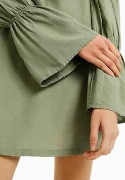 BERSHKA Long Sleeve GatheredMini- Jurk - Khaki -dress shop abbee45adaa946ffb4671fbb9cab9385