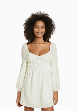 BERSHKA Textured Long Sleeve - Mini- Jurk - Beige