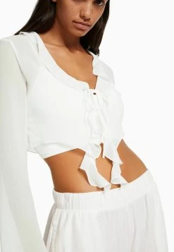 BERSHKA Ruffled Long Sleeve - Blouse - White -dress shop b824b11fe3aa4a5bb8bc46c003074670