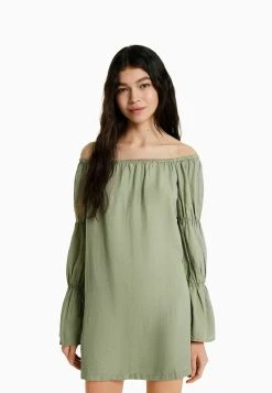 BERSHKA Long Sleeve GatheredMini- Jurk - Khaki