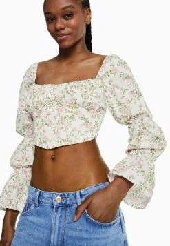 BERSHKA Cropped Long Sleeve- Blouse - Brown