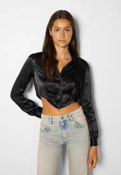 BERSHKA Long Sleeve - Overhemdblouse - Black