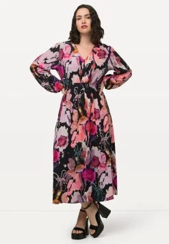 Ulla Popken Water Floral Print Long Sleeve - Maxi-Jurk - Light Heather