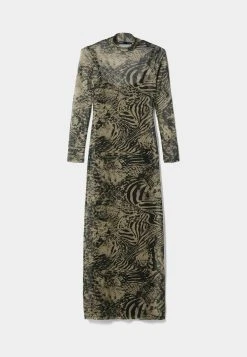 BERSHKA Long Sleeve - Maxi-Jurk - Mottled Dark Brown -dress shop c6d08e29416b461585f912137aa122da