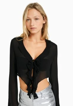 BERSHKA Ruffled Long Sleeve - Blouse - Black -dress shop c8850fd74df94e8f97b09d3b7017e981