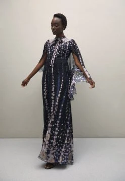 Erdem Long Sleeve Cape Effect Gown Bow Neck Detail - Galajurk - Black/Multi