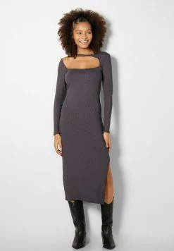BERSHKA Long Sleeve - Etui-Jurk - Dark Grey