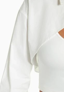 BERSHKA Long Sleeve Crossover - Cropped - Overhemdblouse - Off White -dress shop cdbe50dac0594556bbe8e3b5dc678dbf