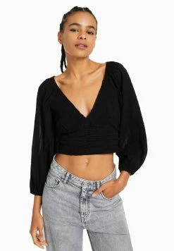 BERSHKA Voluminous Long Sleeve - V-Neck- Blouse - Black