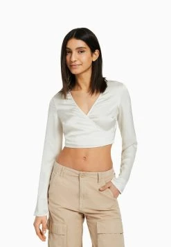 BERSHKA Long Sleeve Finish Crossover - Blouse - Beige