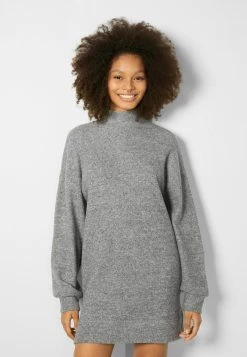 BERSHKA Long Sleeve - Gebreide Jurk - Mottled Grey
