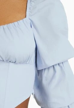 BERSHKA Cropped Long Sleeve- Blouse - Light Blue -dress shop dc78cbdd12c243718a26857ae9ad32a7