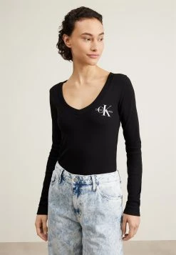 Calvin Klein Jeans V-Neck Monologo Long Sleeve - Longsleeve - Black