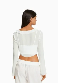 BERSHKA Ruffled Long Sleeve - Blouse - White -dress shop de57c80064d84d5fb27aed6e4b212274