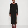 Marc O'Polo Dress Round Neck Long Sleeve Lean And Long With Slit - Jerseyjurk - Black