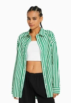 BERSHKA Long Sleeve Oversize - Overhemdblouse - Evergreen