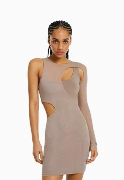 BERSHKA Asymmetric Long Sleeve -Midi- Gebreide Jurk - Grey