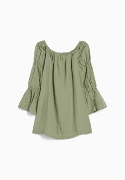 BERSHKA Long Sleeve GatheredMini- Jurk - Khaki -dress shop e78eceae4ba04be1a5602fbf95935622