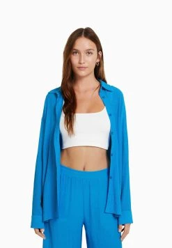 BERSHKA Long Sleeve Crepe - Overhemdblouse - Dark Blue