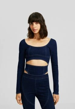 BERSHKA Long Sleeve With Cut-Out Detail - Blouse - Light Blue