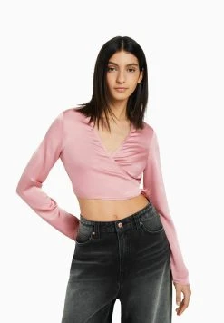 BERSHKA Long Sleeve Finish Crossover - Blouse - Pink