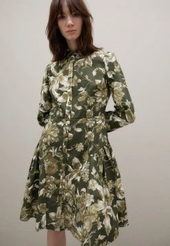 Erdem Knee Length Long Sleeve Dress - Blousejurk - Olive/Ecru