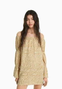 BERSHKA Long Sleeve GatheredMini- Jurk - Camel
