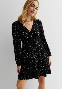 New Look Spot Ruched Frill Long Sleeve Mini- Jerseyjurk - Black Pattern