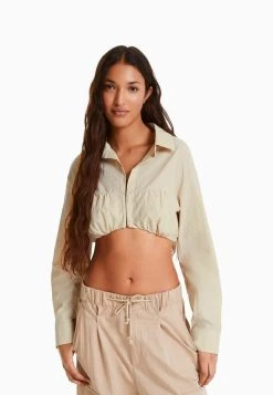 BERSHKA Long Sleeve And Gathered Detail At The Front With Stopper- Blouse - Stone