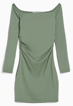 BERSHKA Long Sleeve Mini - Etui-Jurk - Khaki -dress shop fc4a6e7c14cd4a11bfd826e15108b7d3